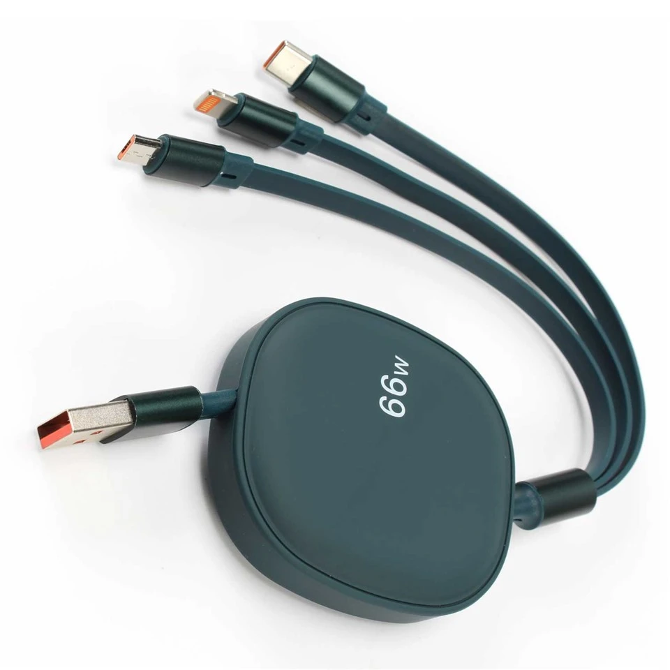 66W 3 In 1 Retractable Flat Charging Cable