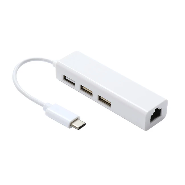 USB C To 3 Pots USB 2.0 Hub With Ethernet Adapter Cord White Color